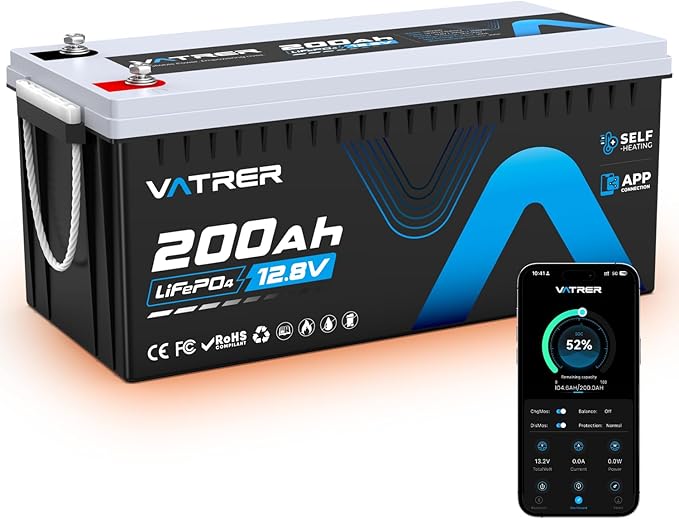 12V 200AH Bluetooth LiFePO4 Lithium Battery with Self-Heating, Built-in 200A BMS, Supports Low Temp Charging(-4°F), 5000+ Cycles, Perfect for RV/Camper, Solar, and Off-Grid Applications, etc.