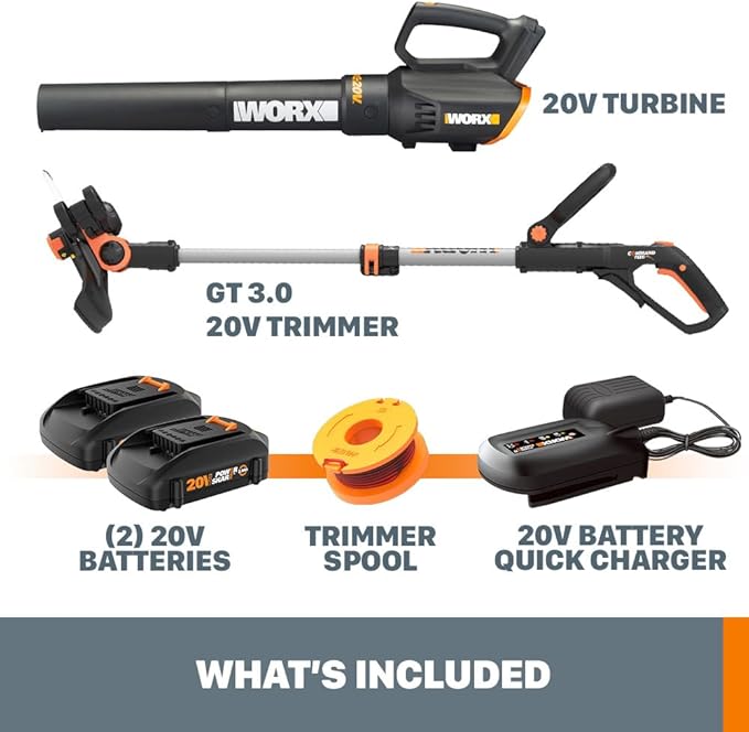 Worx 20V String Trimmer Cordless & Edger 3.0 + Leaf Blower Cordless with Battery and Charger Turbine, Black and Orange