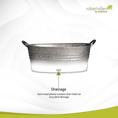 Headwind Decorative Planter - Oval Galvanized Tubs Planter with Handles – 24 Inch Lightweight Steel Indoor Oval Plant Pot with Drainage Holes – Large Galvanized Tub Flower Bucket – Outdoor Planter