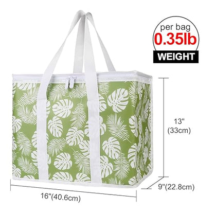 Bodaon 2-Pack Insulated Reusable Grocery Shopping Bags, X-Large Picnic Cooler Bag with Zipper Zippered Top Cold, Green-Leaf | Secure Zippered Top Warmer, Heavy Duty Insulated Food Delivery Bag, For Commercial Catering Rideshare Driver/Picnic, Foldable