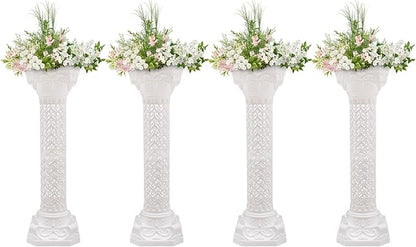 Roman Column Pedestal, Plastic White Columns for Weddings Indoor/Outdoor Roman Pillar Stand for Table Sculptures, Vase, Garden Decor (4PCS, 10.6 x 34.6 Inch Fretwork)