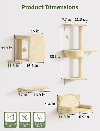 5-in-1 Cat Wall Shelves, Solid Wood Cat Wall Furniture Set for Indoor Cats | 44 lb per Shelf, 72-Hour Load Tested, Pre-Drilled, Fits 16 in. Stud Drywall & Solid Walls, for Small to Medium Cats