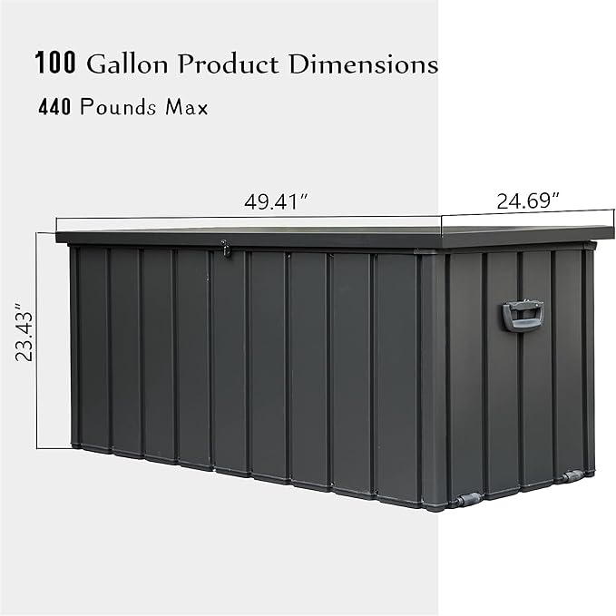 CHUNLY 100 Gallon Metal Waterproof Storage Deck Box with Lockable Lids Indoor Outdoor Storage Bench Patio Storage Bin for Outside Cushions, Throw Pillows, Garden Tools (Dark Gray)