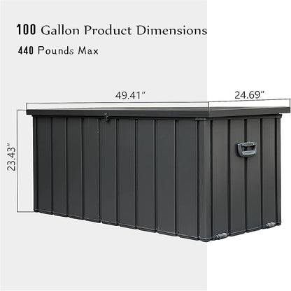 100 Gallon Outdoor Deck Box Lockable Metal Indoor Outdoor Storage Container with Side Handle, Waterproof Storage Box with Rolling Castors for Patio Garden Tools, Pools Equipment, Cushions, Gray