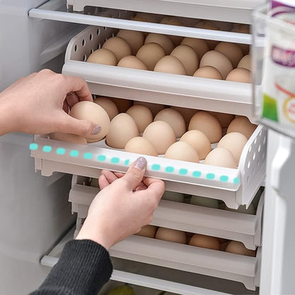 DEAYOU 60 Egg Drawer for Refrigerator, 2-Layer Stackable Egg Holder Storage Container for Countertop, Large Capacity Plastic Fresh Egg Tray Dispenser Organizer Keeper with Handle for Kitchen
