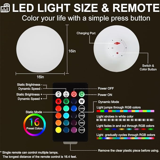 16-inch LED Globe Orb Light, Rechargeable Glowing Ball Light w/Remote, Dimmable RGB Color Changing Glowing Orb for Kid Adult, Waterproof Light Up Ball Night Light Mood Lamp for Home Garden Patio Party