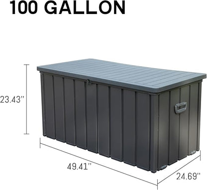 LANTRO JS Deck Box 100 Gallon, Patio Storage Cabinet, Waterproof Outdoor Storage, Resin Lid Metal Patio Storage Bin with Lockable, Dark Gray