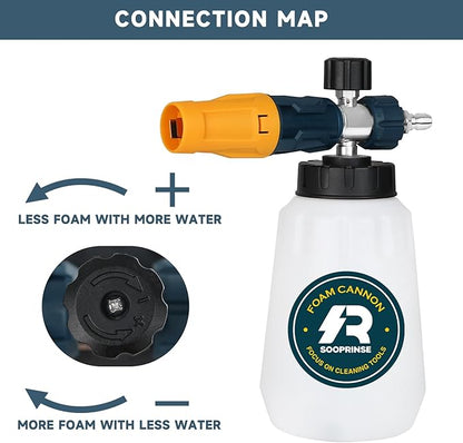 Sooprinse Foam Cannon with 1/4 Inch Quick Connector, Heavy Duty Car Foam Blaster Wide Neck Adjustable Snow Foam Lance for Pressure Washer, 5 Pressure Washer Nozzle Tips, 1 Liter