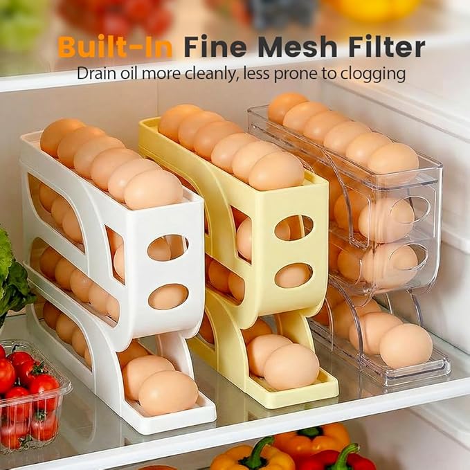 Auto Rolling Egg Holder for Fridge, 4-Tier Egg Dispenser Organizer Holds 28 Eggs, No Assembly Space-Saving Egg Storage Rack for Refrigerator & Countertop (Yellow)