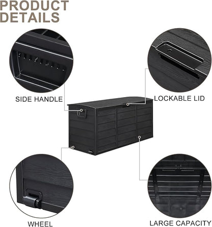 VINGLI 75 Gallon Resin Outdoor Deck Box, 75 Gallon Patio Storage Box with Side Handles, Lockable Storage Containers for Patio Furniture Cushions, Pool Accessories, Garden Tools, Full Black