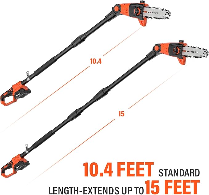 Pole Saw 8-Inch Cordless Pole Saws for Tree Trimming, 15-Feet MAX Reach Electric Pole Saw, 16ft/s Cutting Speed Auto Oiling Multi-Angle Pole Chainsaw with 20V 2.0Ah Battery & Charger
