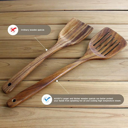 Wooden Spatulas Set of 2, Acacia Wood Rice Paddle with Slotted Design for Nonstick Cookware