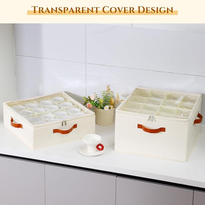 Foyego Cup and Mug Storage Box, Beige, 2 Pack | 32 Adjustable Dividers, Hard Shell, with Transparent Lid, 3 Handles, Zippers, Stackable Storage Organizers for Packing&Moving