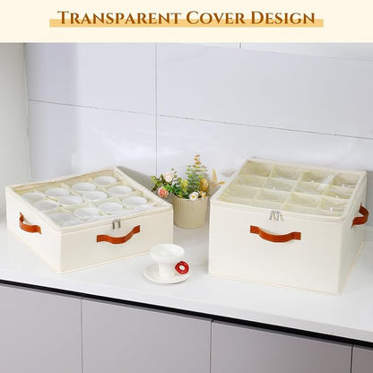 Foyego Cup and Mug Storage Box, Beige, 2 Pack | 32 Adjustable Dividers, Hard Shell, with Transparent Lid, 3 Handles, Zippers, Stackable Storage Organizers for Packing&Moving