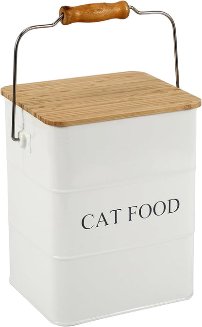 Morezi Cat Food Storage Container Storage bin with Wooden lid Scoop Included White Metal cat Food Container in Kitchen countertop