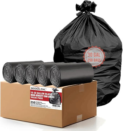 30 Gallon Trash Bags, 250 Count Black Garbage bags, Multi-purpose Trash Can Bin Liners for Bathroom, Office, Industrial, Commercial, Janitorial, Municipal, Recycling