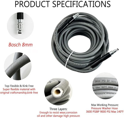 5800PSI/400Bar Ultra Flexible Pressure Washer Hose for Bosch Home Cleaning, 5M-30M High Pressure Extension Tube with Quick-Connect Adapter,(Red/Blue/Yellow/Green/Grey/Orange/Light Blue)(Grey,64FT)