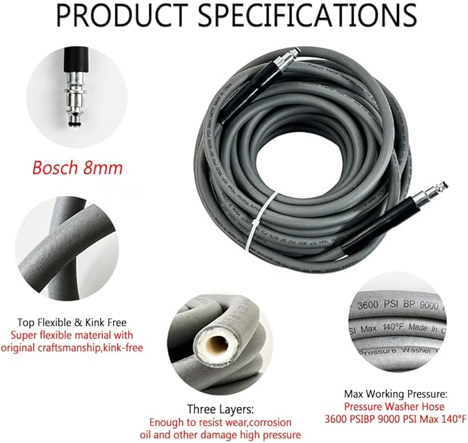 5800PSI/400Bar Ultra Flexible Pressure Washer Hose for Bosch Home Cleaning, 5M-30M High Pressure Extension Tube with Quick-Connect Adapter,(Red/Blue/Yellow/Green/Grey/Orange/Light Blue)(Grey,16FT)