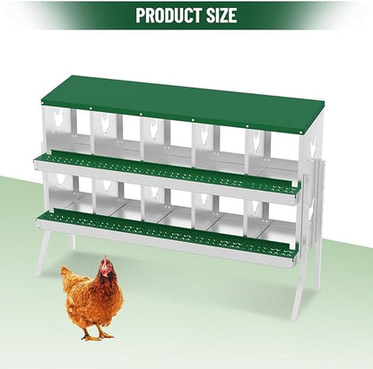 Metal Chicken Nesting Box, 10 Compartments, Rollout Egg Collection, Large Vented Holes, Perch Included, Wall Mount or Free Standing Laying Box for Hens and Chickens - Green with Legs