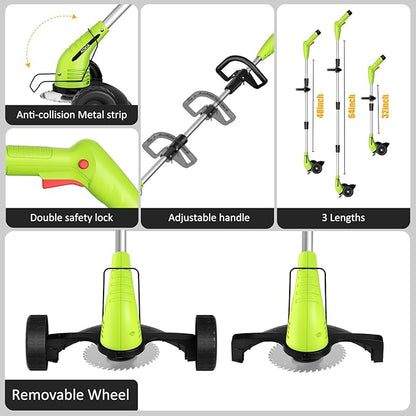 Electric Weed Wacker Cordless： String Trimmer with Roller 2Types Blades - 2.0Ah 12V Battery Powered Lightweight Grass Cutter/Mower for Yard and Garden, Green