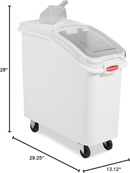 Rubbermaid Commercial Products ProSave Shelf-Storage Ingredient Bin With Scoop 400-Cup Capacity Plastic White Sliding Lid Container with Wheels for Kitchen/Restaurant/Food Organization