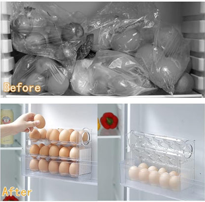 Flippable Egg Holder for 30 Eggs,Egg Storage for Refrigerator,3-Tiers Clear Acrylic Egg Container,Large Container for Kitchen Countertop, Egg Dispenser, Egg Tray, Clear