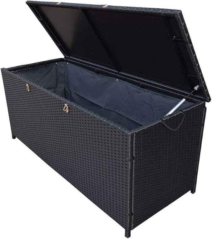 Oakland Living Charcoal Black Indoor and Outdoor Balcony Patio Deck Porch Pool 113 Gallon Wicker Storage Box Trunk Bin with Metal Frame
