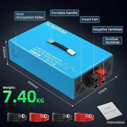 4000W Pure Sine Wave Power Inverter Voice Control AI Voice Assistant Support English 24V to 120V 60HZ with LCD Display, USB Port, for Car Home Laptop Truck