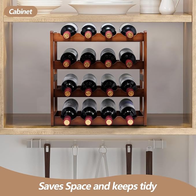 Bamboo Wine Rack,4 Tier, Wine Bottle Holder, Hold 16 Bottles for Home Kitchen, Dinging Room, Pantry, Cabinet, Bar