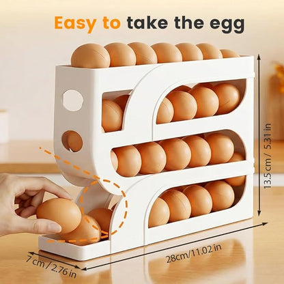 Auto Rolling Egg Holder for Fridge, 4-Tier Egg Dispenser Organizer Holds 28 Eggs, No Assembly Space-Saving Egg Storage Rack for Refrigerator & Countertop (Yellow)