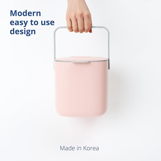 Blue Ginkgo Kitchen Compost Bin [2.6L / 0.69 GAL] – Filter-Free, Odor-Tight Countertop Food Waste Pail with Handle (Made in Korea, Pink)