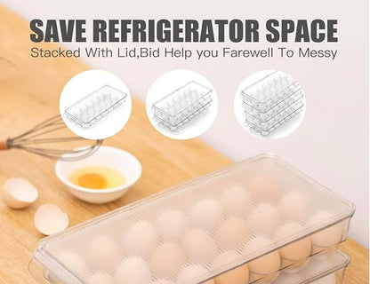 Egg Holder for fridge with Lid, Clear Plastic Egg Storage Container Refrigerator Organizer Bins, Stackable Tray Holds 18 Eggs Trays Storage (1 pack, 18 Eggs)