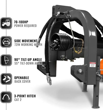 72” Offset Ditch Bank Flail Mower with 90° Tilt, 70-100 HP Tractor, 3-Point Hitch, PTO Drive Shaft, VAM72