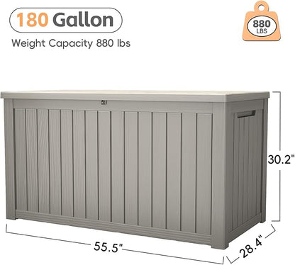 Outdoor Storage Box, 180 Gallon Waterproof Resin Deck Box, Storage Bin for Package Delivery, Patio Furniture Cushion, Garden Tools, Pool Accessories, Weatherproof and UV Resistant, Grey