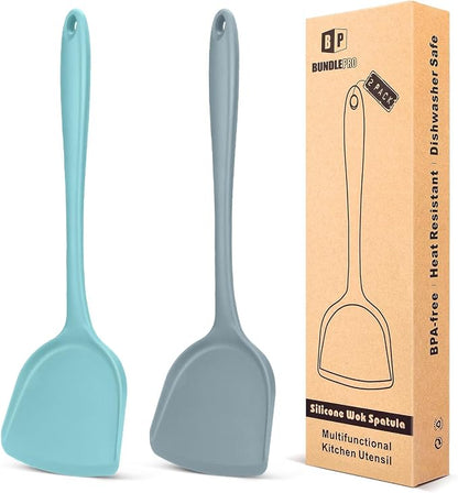 BUNDLEPRO Silicone Seamless Wok Spatula, 2 Pack | Non-Stick, Heat Resistant, Easy to Clean, Dishwasher Safe, Kitchen Utensil for Cooking, Baking, Stir-Fry