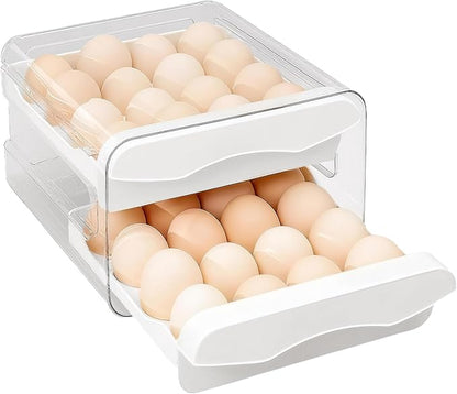 Refrigerator egg rack, egg container, egg storage box, double-layer transparent surface stackable, concave and convex handle kitchen storage organizer, bracket tray, refrigerator organizer (White)
