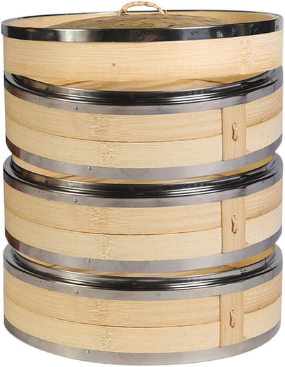 Hcooker. Bamboo Steamer Basket 9.4-Inch 3-Tier Dumpling Steamer for Cooking | Stainless Steel Reinforced Rim | Sauce Dish, 2 Chopsticks, 3 Cotton Liners | Steam for Asian Food Dim Sum Bun Rice Vegetables
