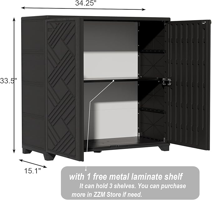 ZZM Indoor/Outdoor Storage Cabinet Waterproof, 34"x15"x34" Plastic Outdoor Storage Box for Garden Balcony Bathroom, All Weather Outdoor Storage Clearance, DIY Usage, with 1 Shelf (Black)