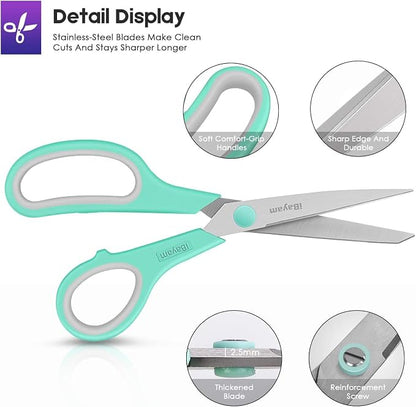 iBayam 24-Pack 8" Heavy Duty Scissors in Bulk, Ultra-Sharp, Comfort Grip | 2.5mm Ultra-Sharp Stainless Steel Blades, 100,000+ Cuts, Comfort-Grip Handles, Ambidextrous, Multipurpose — 24-Pack, 3 Colors