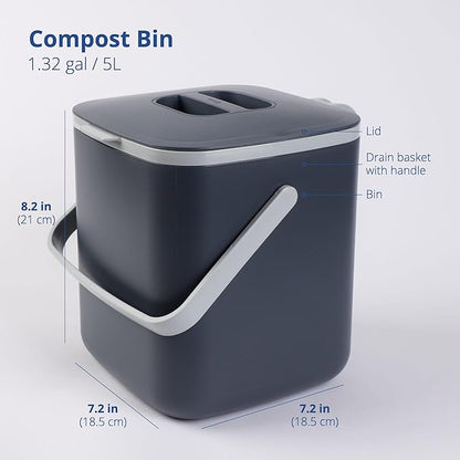 Blue Ginkgo Kitchen Compost Bin [5L / 1.32 GAL] – Filter-Free, Odor-Tight Countertop Food Waste Pail with Handles (Made in Korea, Gray)