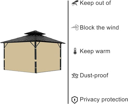 Gazebo Universal Replacement Privacy Curtain, 10'X10' Gazebo Curtains Outdoor Waterproof, 4-Panels Sidewall with Zipper for Patio, Garden and Backyard (Only Curtains, 10'X10', Khaki)
