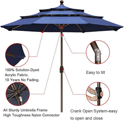 EliteShade USA 10-Year-Non-Fading 9Ft 3 Tiers Market Umbrella Patio Umbrella Outdoor Table Umbrella with Ventilation, Navy Blue