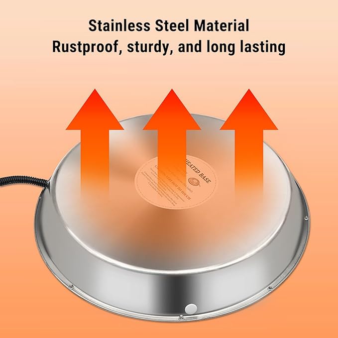 Chicken Waterer Heating Base with Thermostat Control Electric Heater for Metal Plastic Poultry Drinker Ducks Geese Turkeys Pigeons Stainless Steel 11.61in 5.25ft Cord (US Plug)