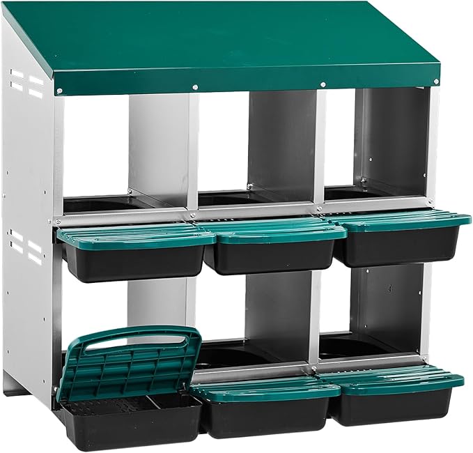 Metal Chicken Nesting Box,6 Compartment Nesting Box for Laying Eggs,Cleanable Pull Out Hen Roosting Boxes,Wall Mount Chicken Brooder Boxes,with Perch,for Hens Gooses Ducks Poultry Farms (Green)