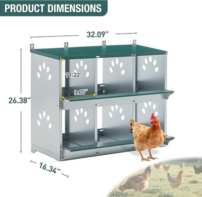 6 Compartment Metal Chicken Nesting Box, Roll Out Hen Laying Box for Easy Egg Collection, Wall Mount Poultry Nest Box for Backyard Chickens, Green, 32.09" L x 16.34" W x 26.38" H