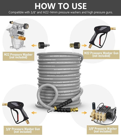 Pressure Washer Hose 150FT 4000 PSI, Kink Resistant Steel Braided Layer & NonMarking Rubber for Hot/Cold Water, High Power Washer Hose With 3/8 Inch Quick Connect & M22 Fitting, Gray