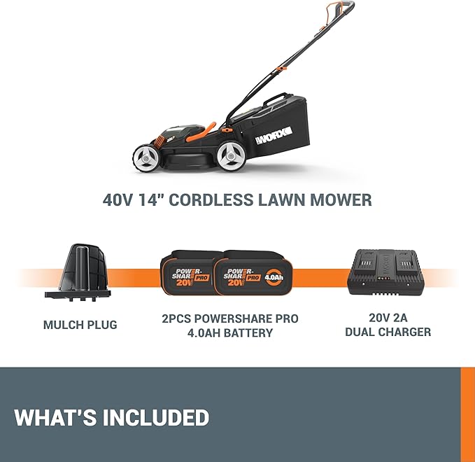 WORX 40V 14" Cordless Lawn Mower for Small Yards, 2-in-1 Electric Mower Cuts Quietly, Compact & Lightweight Push Lawn Mower with 6-Position Height Adjustment WG779 – 2 Batteries & Charger Included