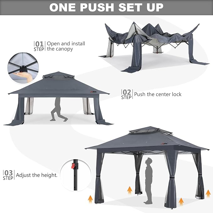 ABCCANOPY 13x13 Pop Up Gazebo, Outdoor Canopy Tent, Instant Screened Shelter with Mosquito Netting for Patio, Garden, Backyard, Party, Camping (Dark Gray)