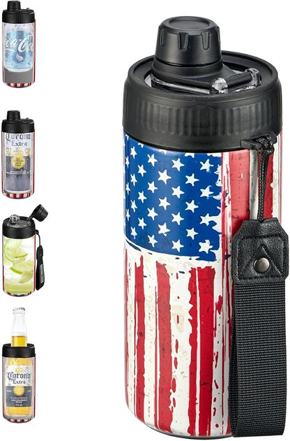 4 In 1 Beer Can Cooler Bottle Holder with Drinking Spout Lid for 12oz Regular, Slim Skinny Cans and Thermal Bottles,Sealed Insulated Double Wall Vacuum Stainless Steel Can Keeps Your Drinks Cold