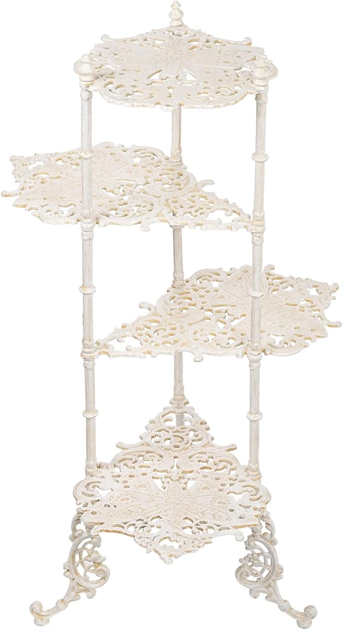 Sungmor Vintage Cast Iron 4-Tier Plant Stand, Elegant Butterfly & Floral Design with Antique White Finish, 36 Inch Tall Rustic Flower Pot Holder, Heavy Duty Metal Display Shelf for Indoor and Outdoor